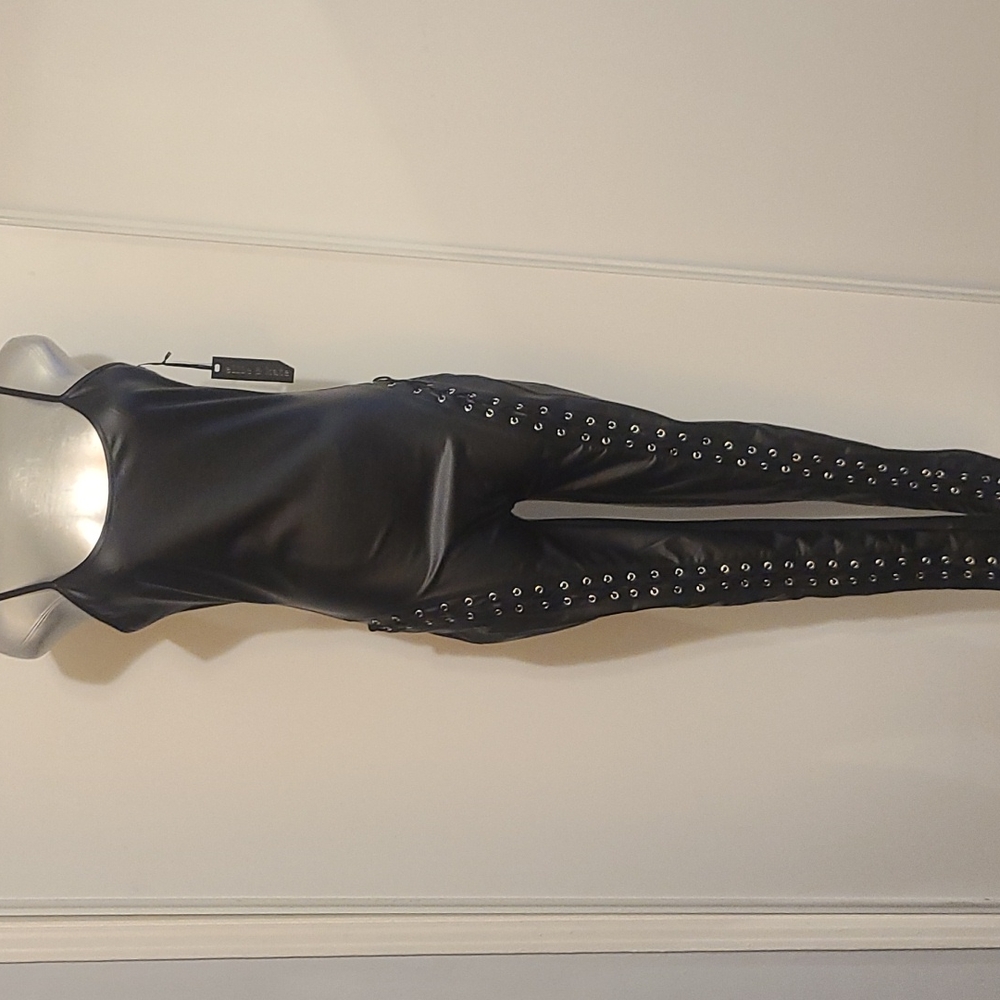 ellie&Kate leather look shoestring lace up spaghetti straps black jumper..large.